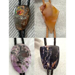 4 Bolo ties, vintage, ammolite, agate, stichtite, sodalite